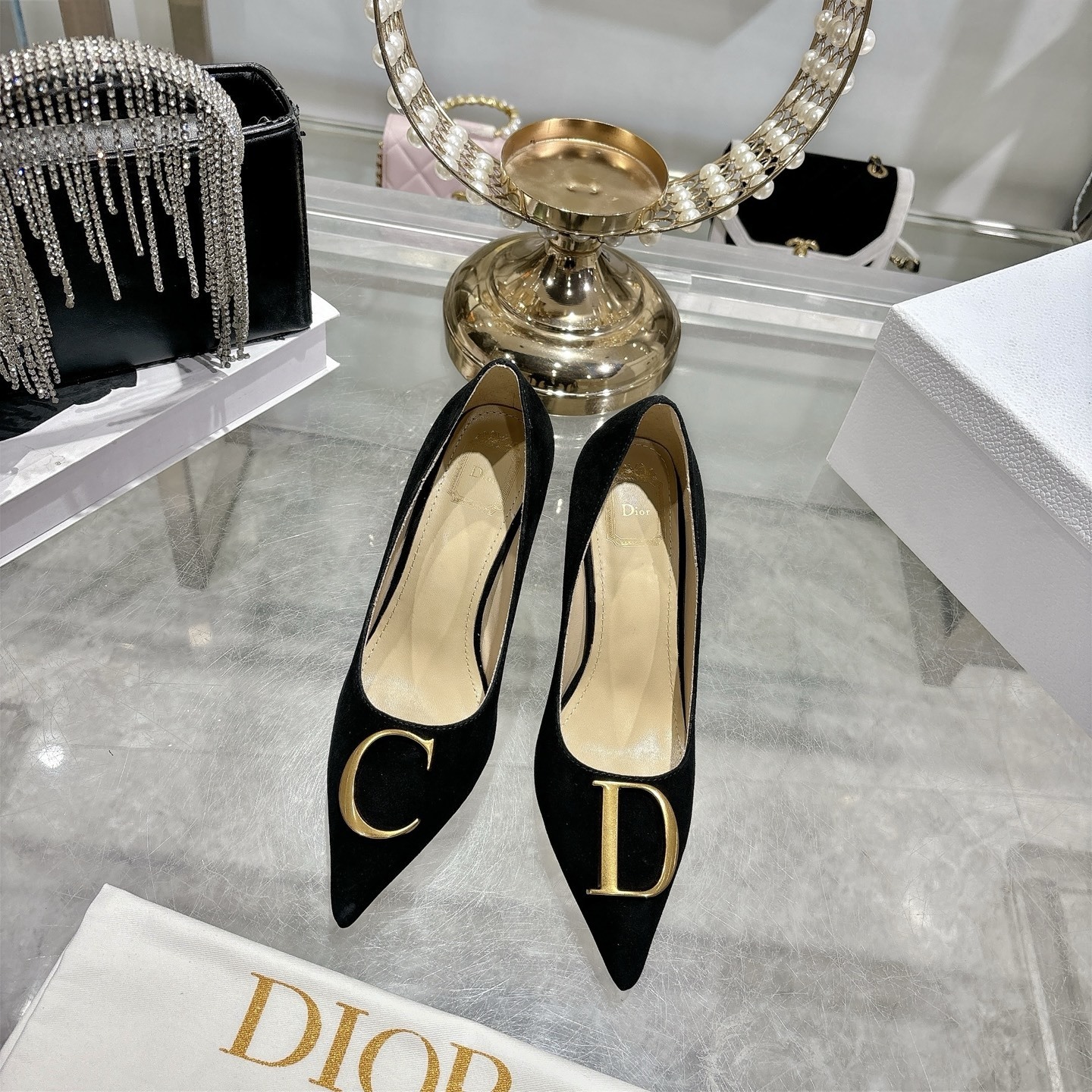 Dior Black Suede CD Logo Pointed Pumps - Image 4