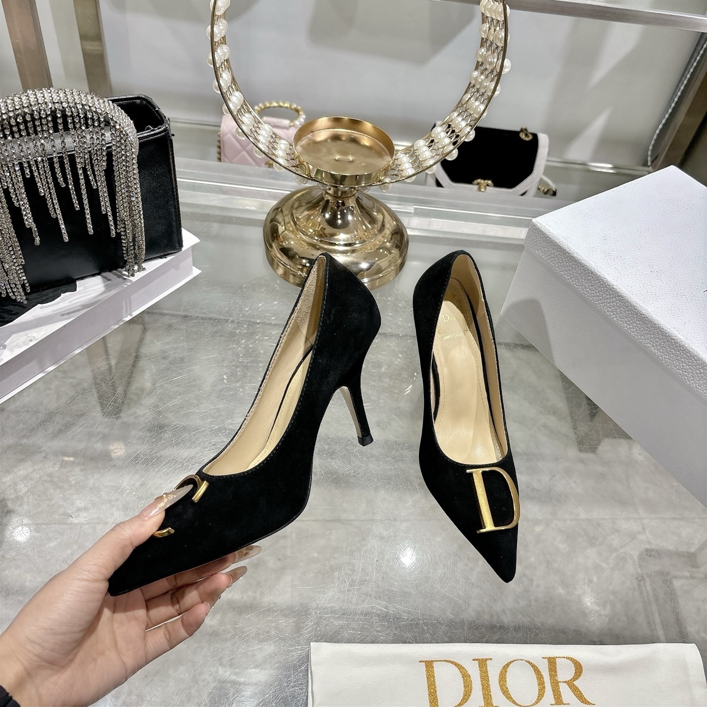 Dior Black Suede CD Logo Pointed Pumps - Image 3