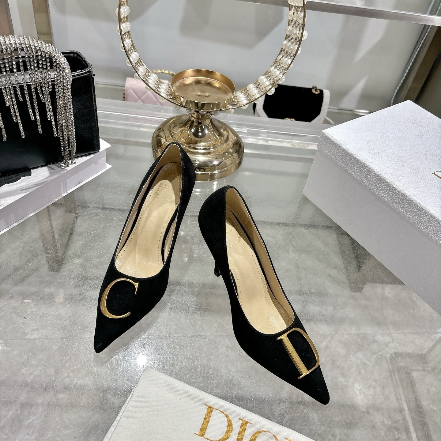 Dior Black Suede CD Logo Pointed Pumps - Image 2