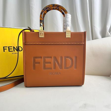 Fendi Sunshine Medium Leather Tote Bag in Brown with Tortoiseshell Handles.