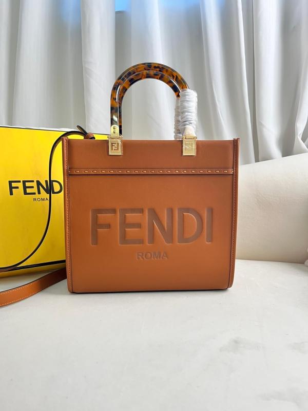 Fendi Sunshine Medium Leather Tote Bag in Brown with Tortoiseshell Handles.