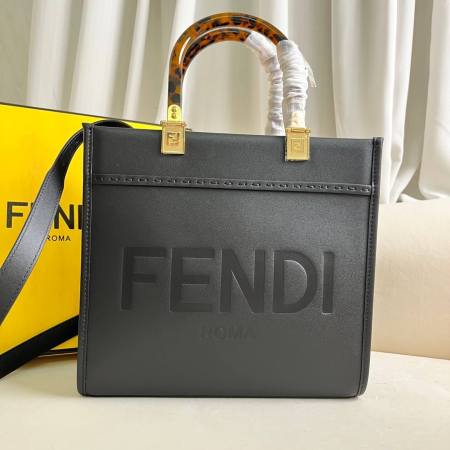 Fendi Sunshine Medium Leather Tote Bag in Black and Brown with Tortoiseshell Handles.