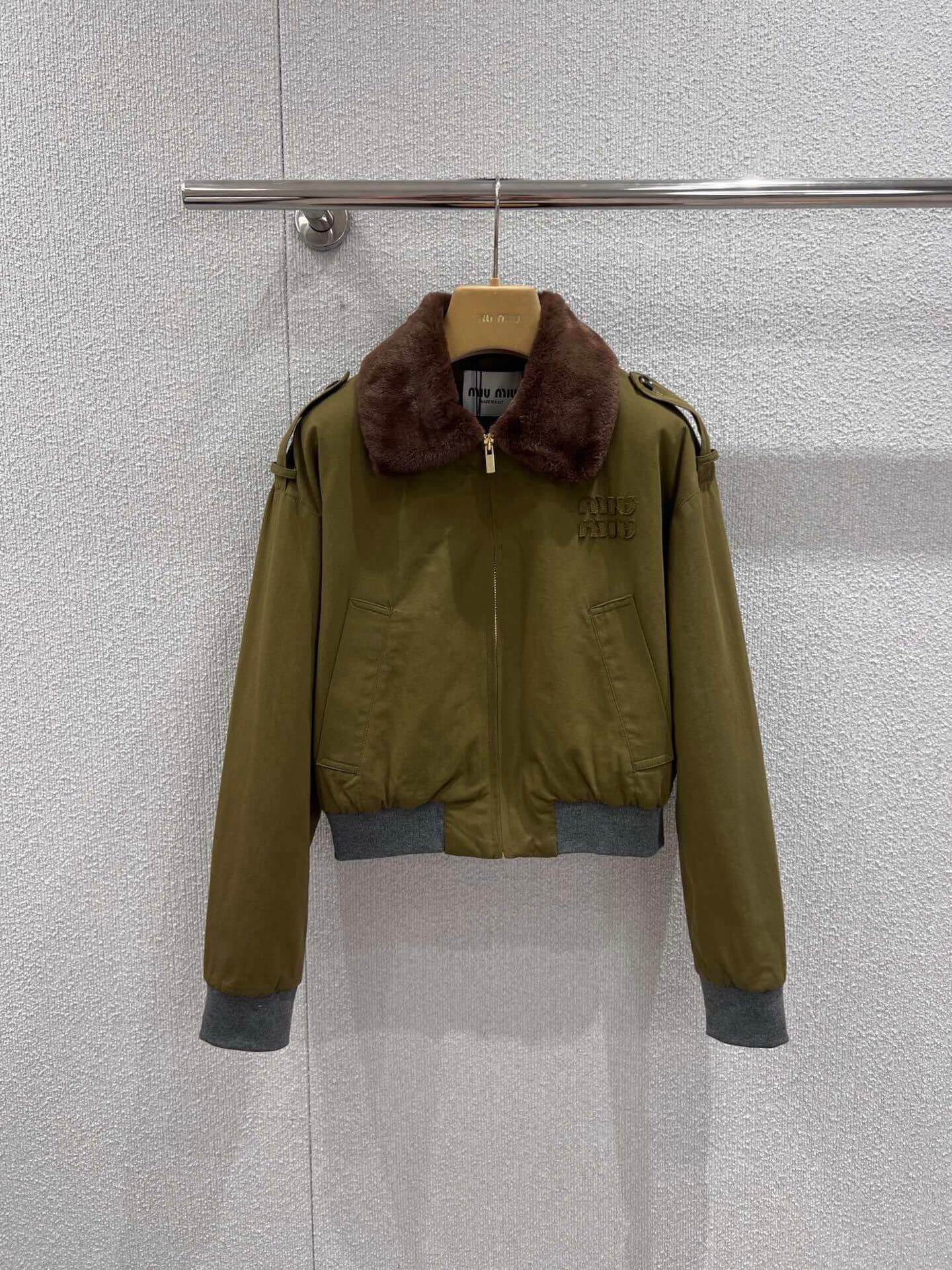 Miu Miu Embroidered Logo Faux Fur Collar Cropped Bomber Jacket – Khaki Green