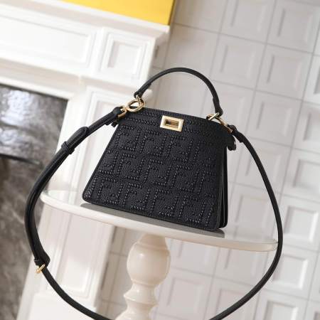 Fendi Peekaboo ISeeU Small Black Leather Bag with Interlace FF Motif and Top Handle.