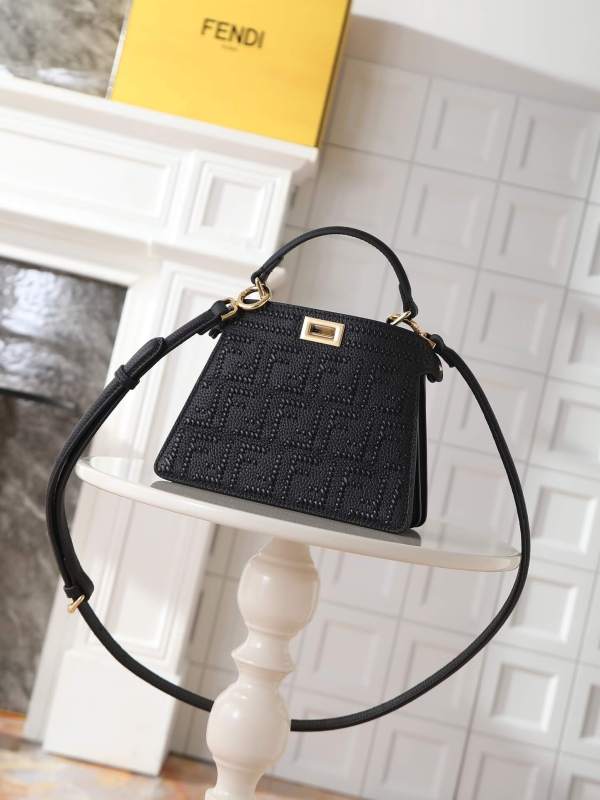 Fendi Peekaboo ISeeU Small Black Leather Bag with Interlace FF Motif and Top Handle.