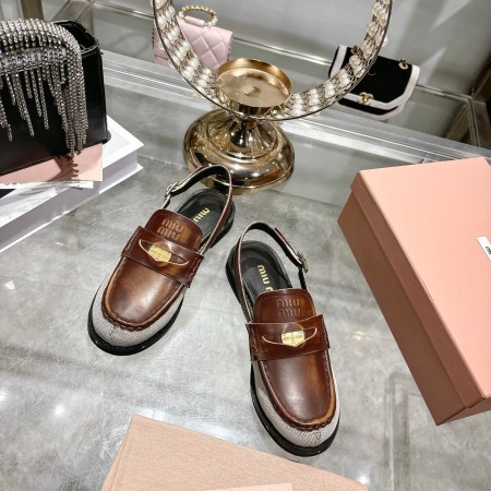 Miu Miu Brown Leather Canvas Slingback Penny Loafers