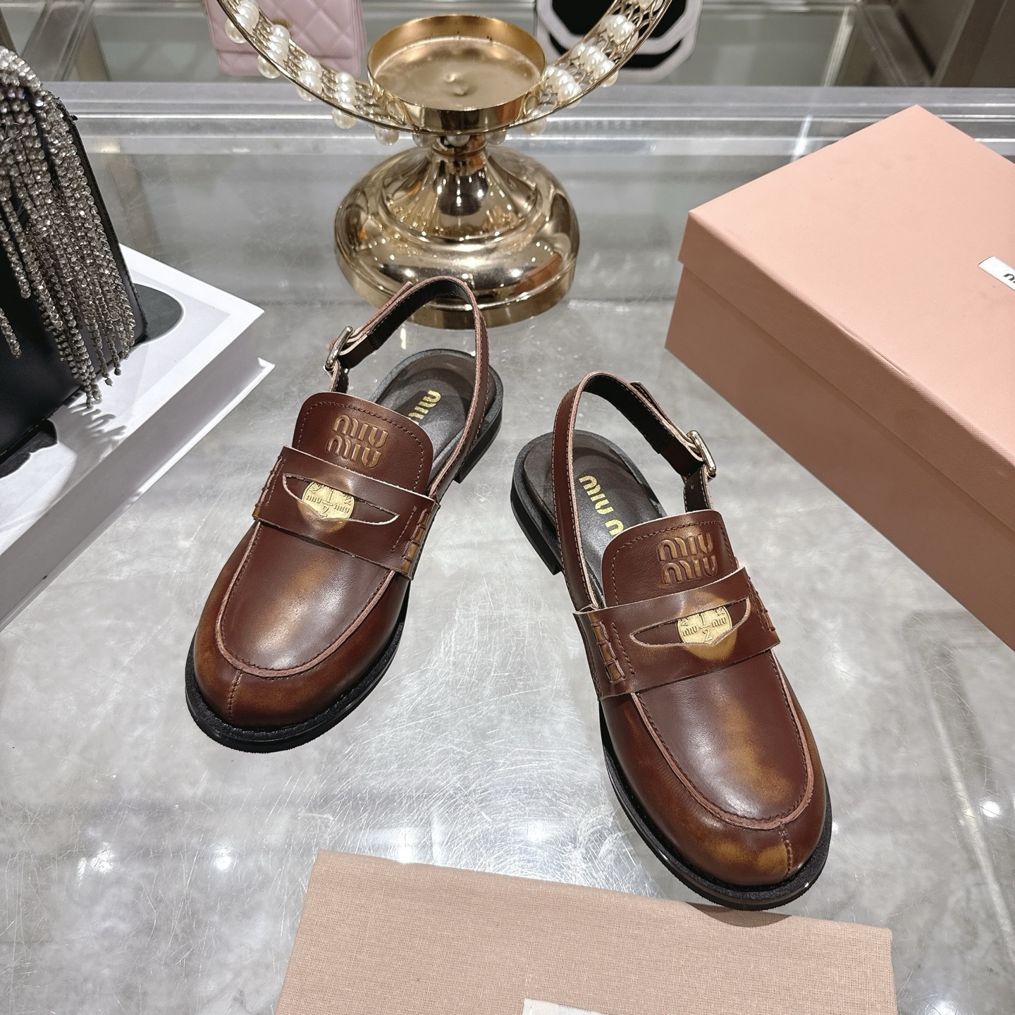 Miu Miu Vintage Effect Brown Leather Slingback Penny Loafers - Image 3
