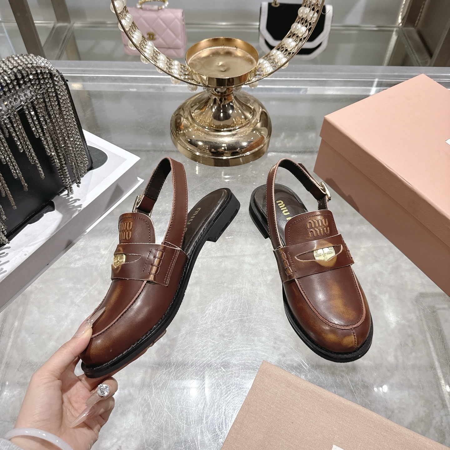 Miu Miu Vintage Effect Brown Leather Slingback Penny Loafers - Image 4