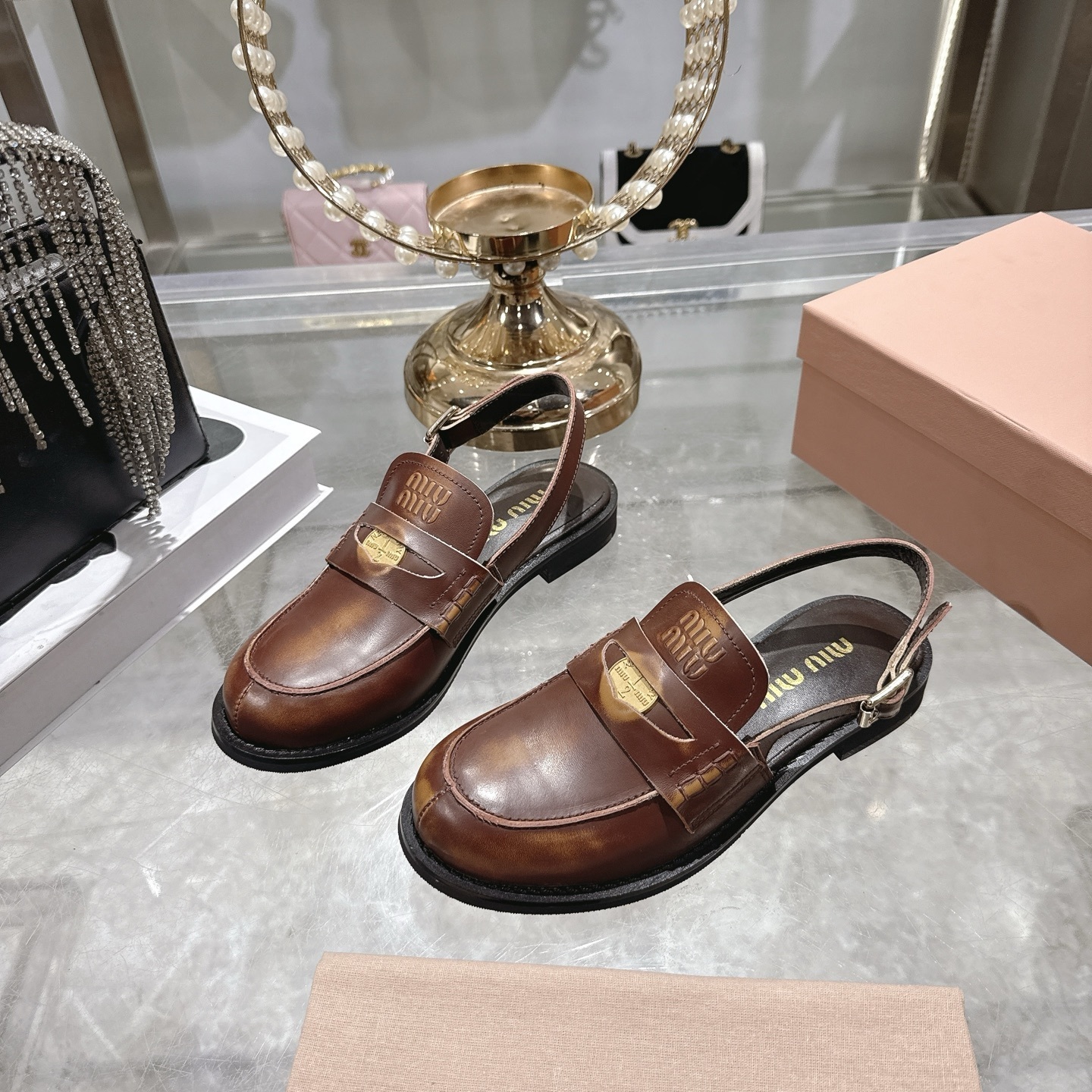 Miu Miu Vintage Effect Brown Leather Slingback Penny Loafers - Image 5