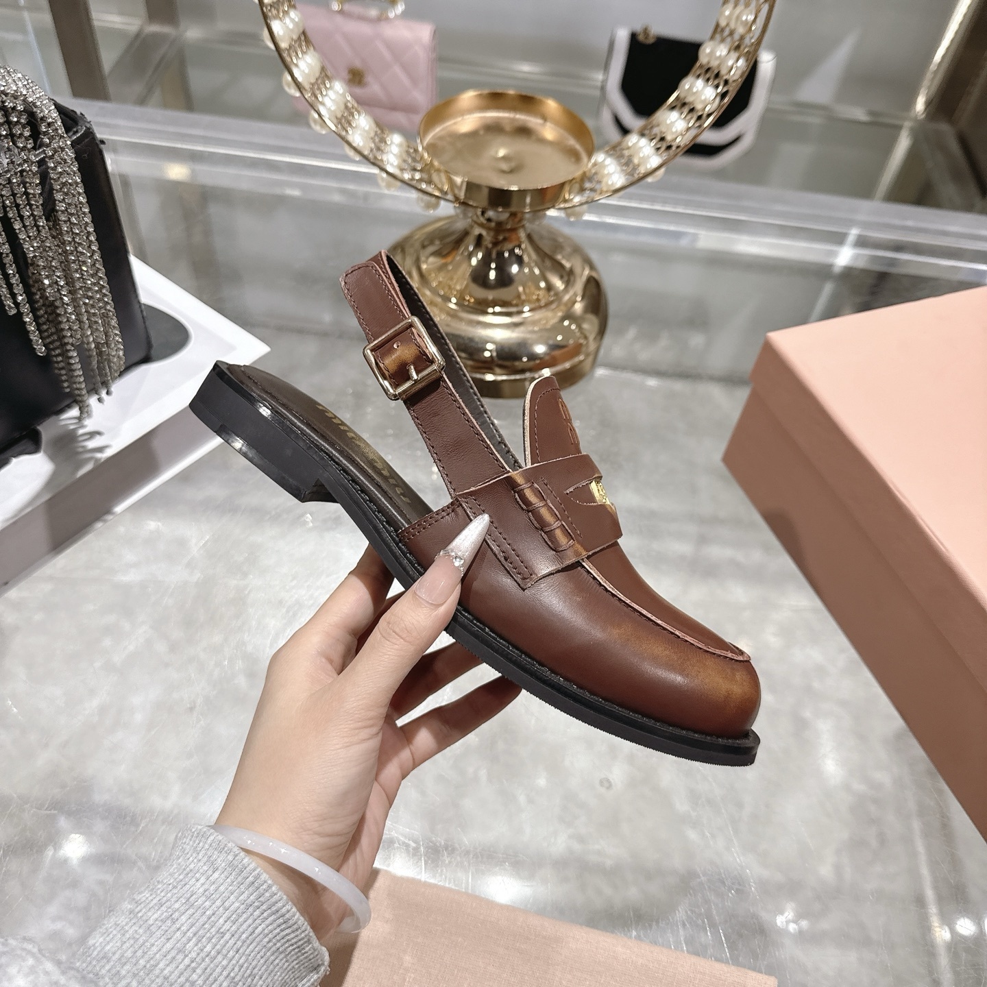 Miu Miu Vintage Effect Brown Leather Slingback Penny Loafers - Image 6