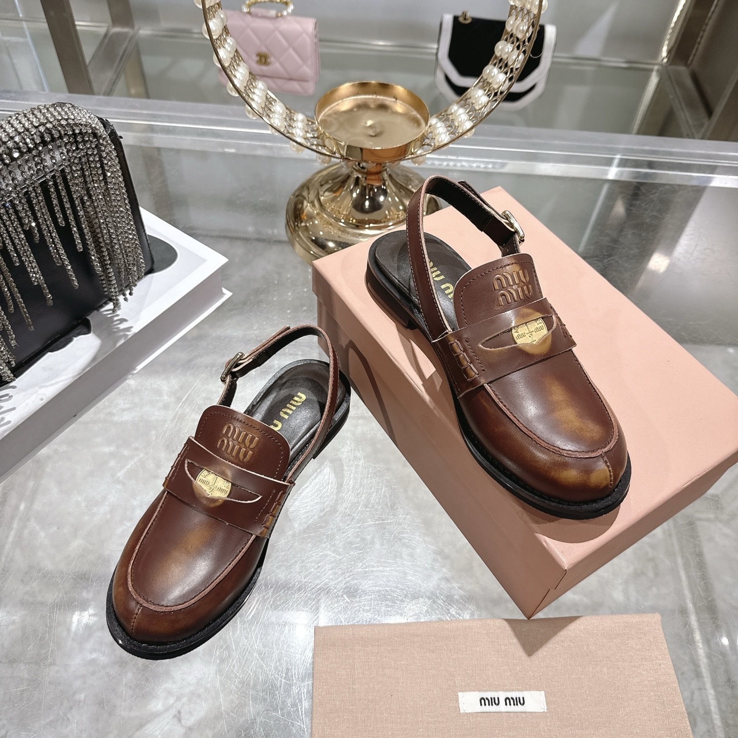 Miu Miu Vintage Effect Brown Leather Slingback Penny Loafers