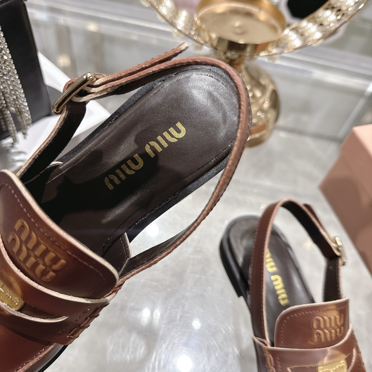 Miu Miu Vintage Effect Brown Leather Slingback Penny Loafers - Image 8