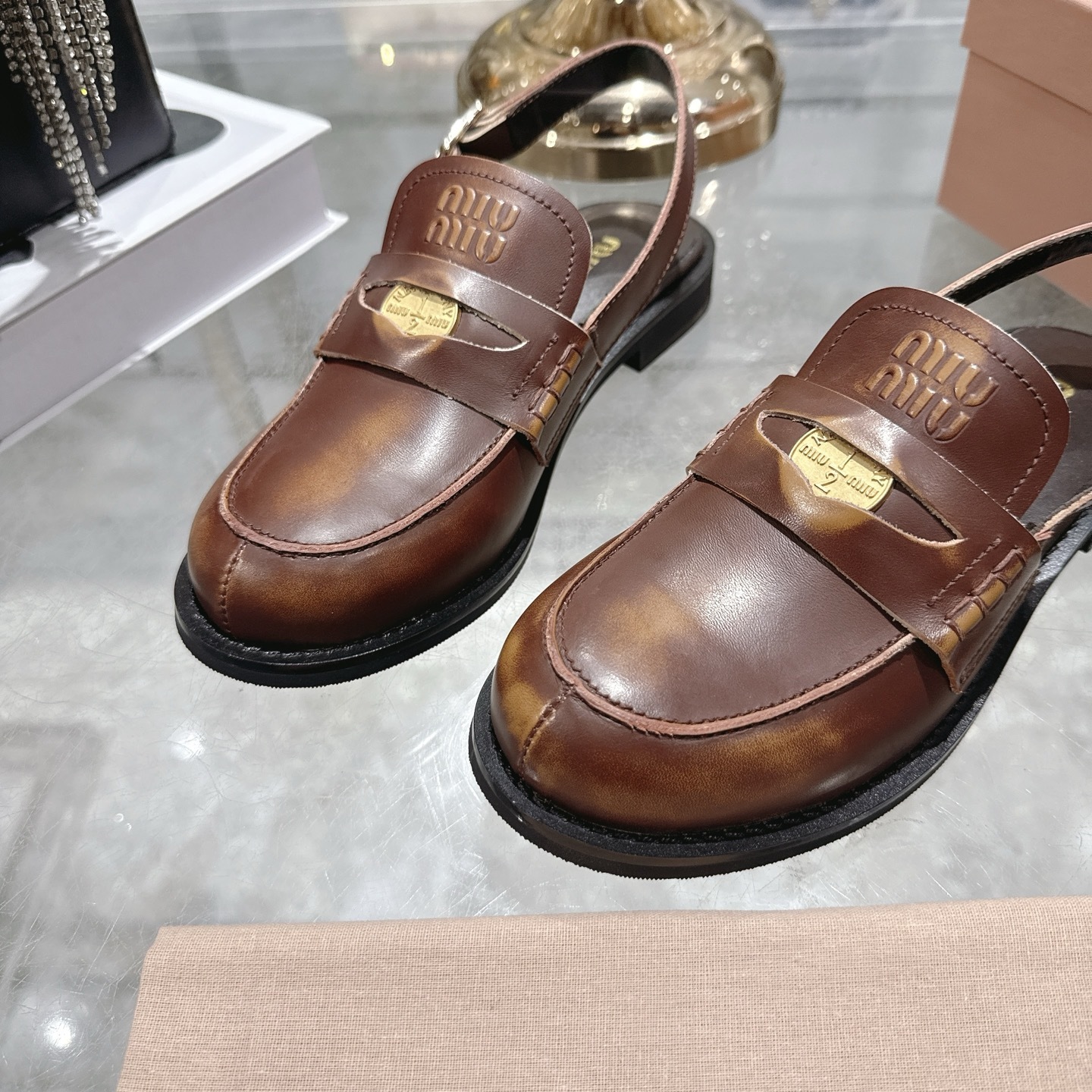 Miu Miu Vintage Effect Brown Leather Slingback Penny Loafers - Image 9