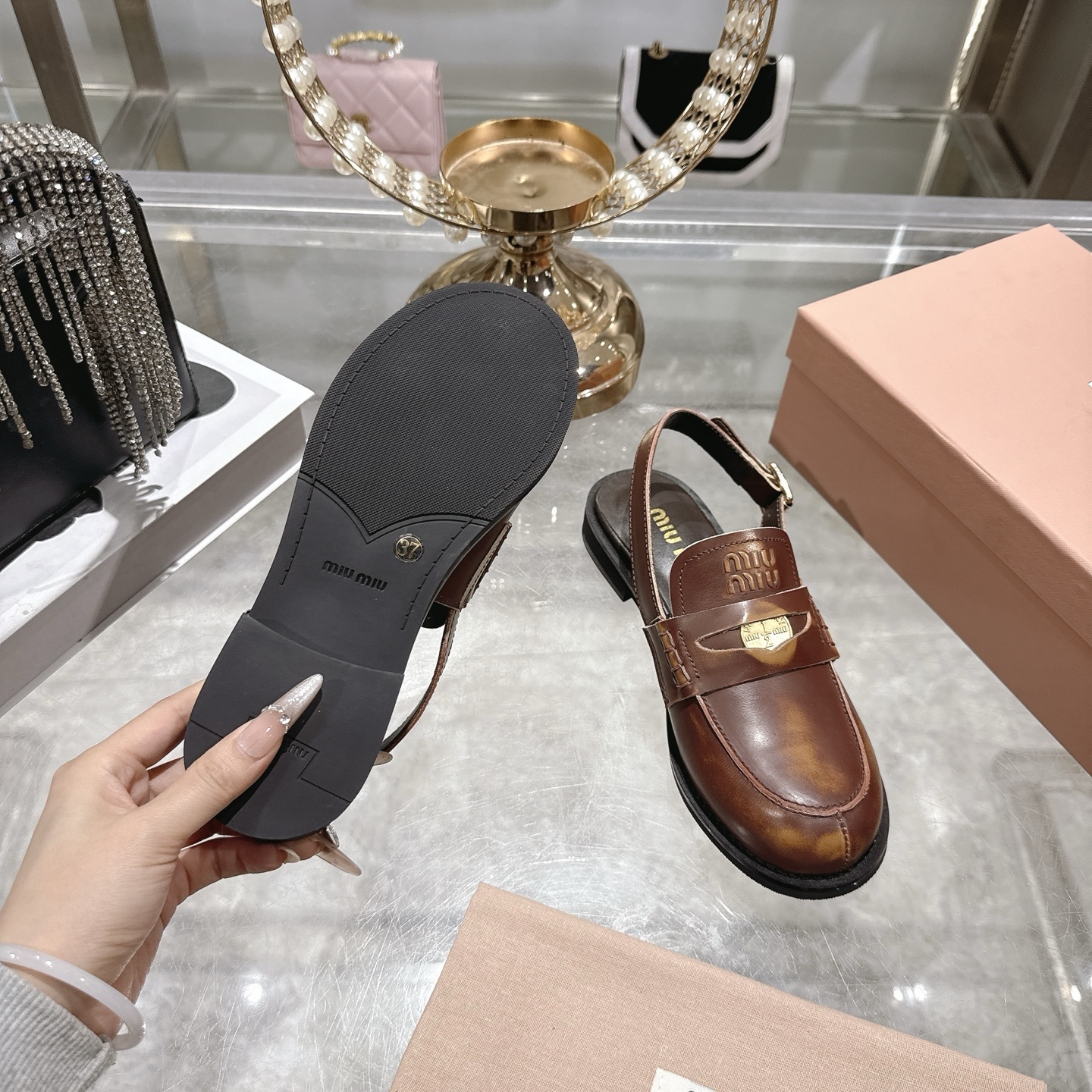 Miu Miu Vintage Effect Brown Leather Slingback Penny Loafers - Image 10