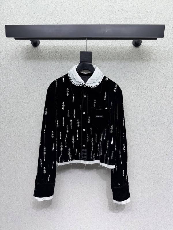 Miu Miu Sequin-Embellished Velvet Cropped Shirt with Lace-Trimmed Peter Pan Collar – Black