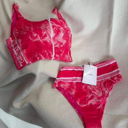 Christian Dior Pink Toile de Jouy Sauvage Bikini Set with Zip Crop Top and High-Waist Bottoms – Pink