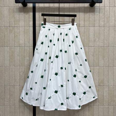 Christian Dior Lucky Clover & Logo Embroidered Cotton Poplin Midi Skirt – White