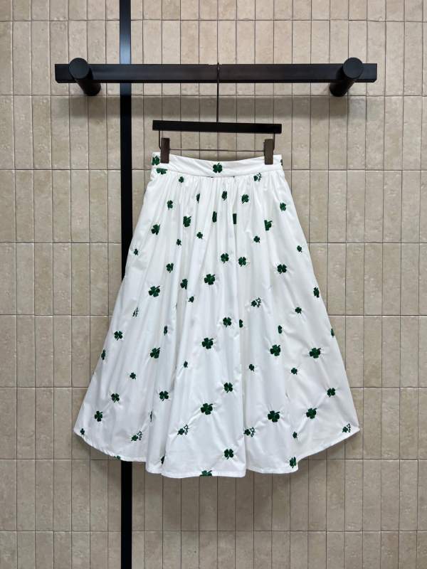 Christian Dior Lucky Clover & Logo Embroidered Cotton Poplin Midi Skirt – White
