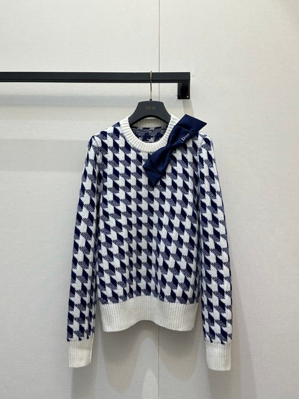 Christian Dior Graphic Houndstooth Knit Sweater with Silk Bow Accent – Navy & White