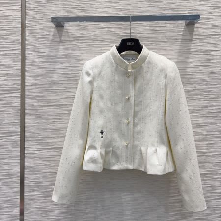 Christian Dior Textured Wool & Silk Peplum Jacket with Bee Embroidery – Off-White