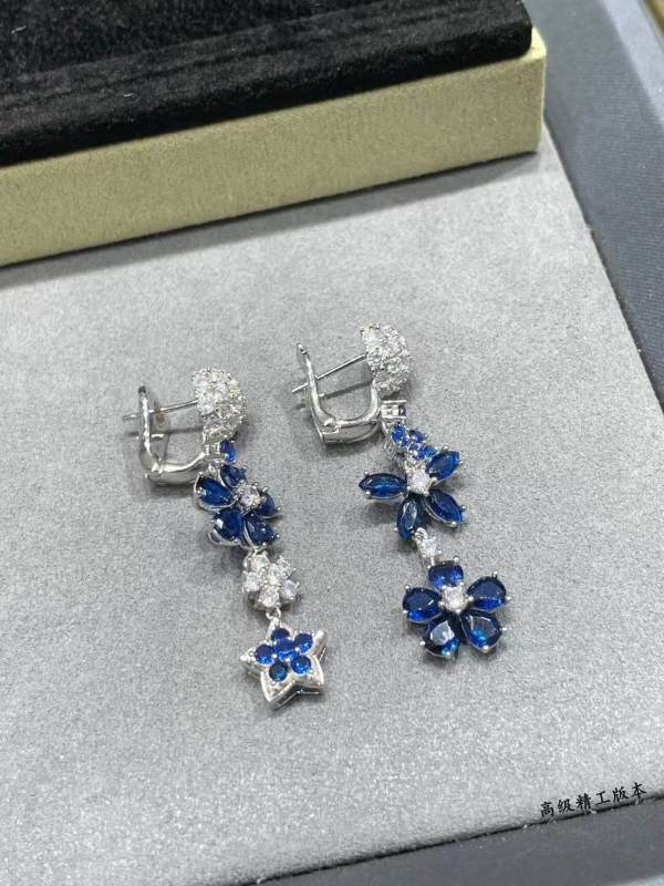Van Cleef Luxury Floral Sapphire and Diamond Dangle Drop Earrings in 18K White Gold Finish