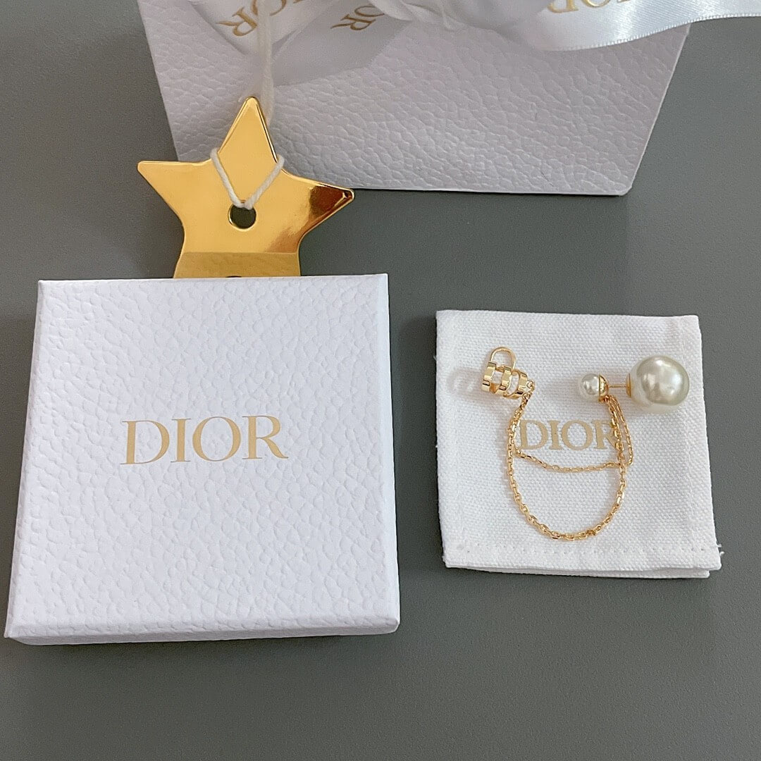 Dior Tribales Earring with Earcuff - Gold-Finish Metal and White Resin Pearls with Chain - Image 2