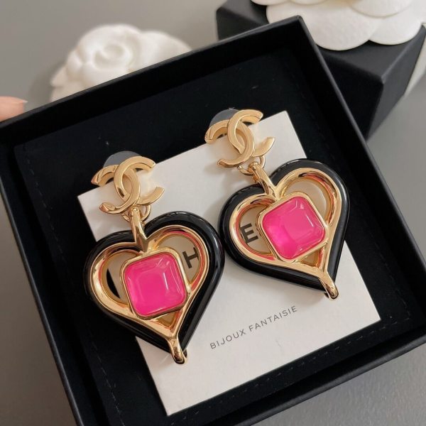 Chanel CC Logo Heart Drop Earrings in Gold with Ruby Red & Black Accents