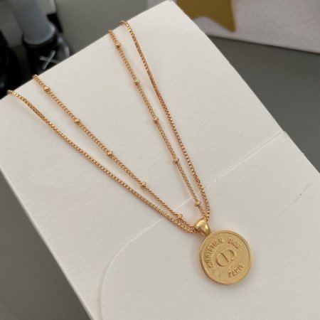 Dior CD Legacy Gold-Finish Metal Double Chain Medal Pendant Necklace