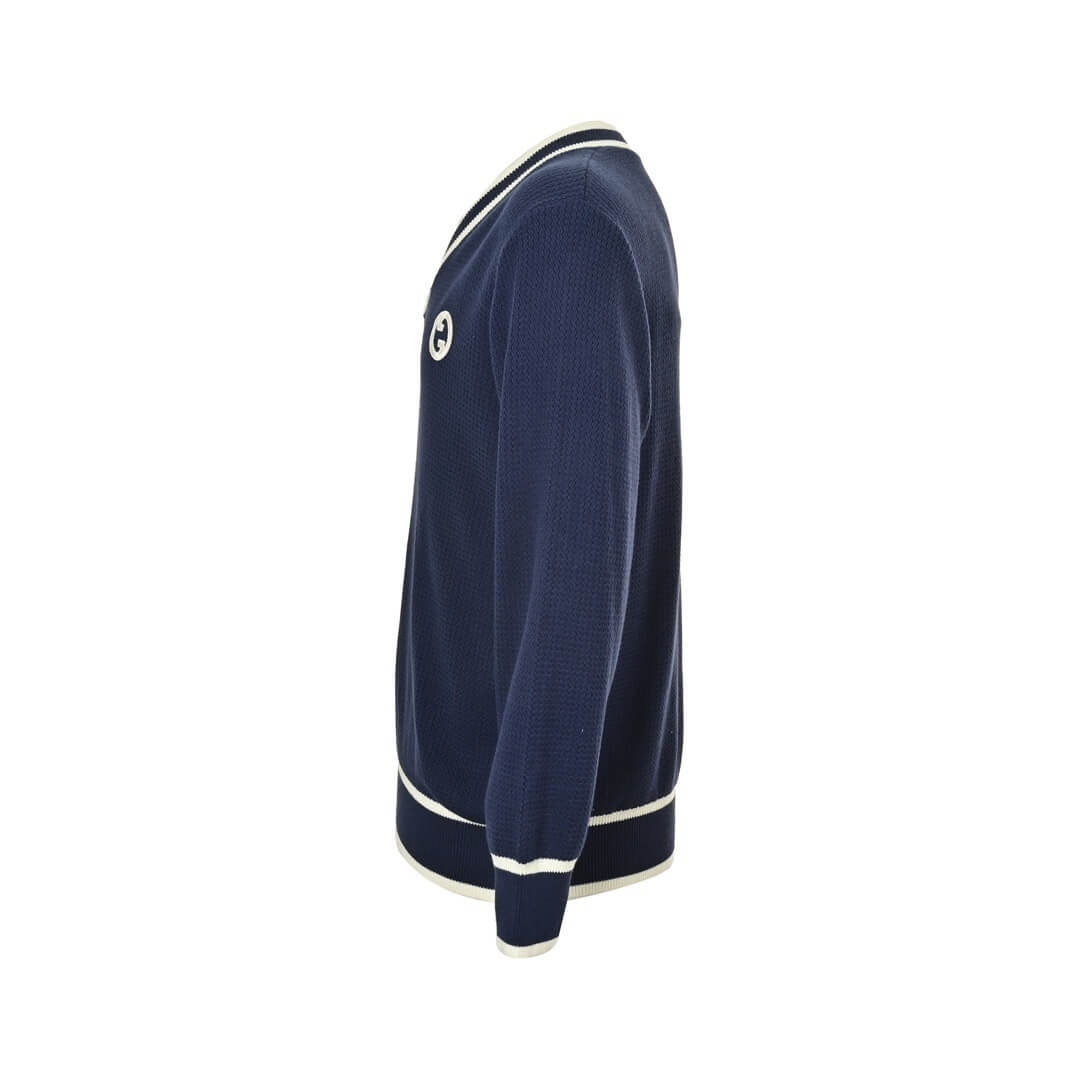 Gucci Double G Embroidered Striped V-Neck Knit Sweater – Navy & White - Image 13