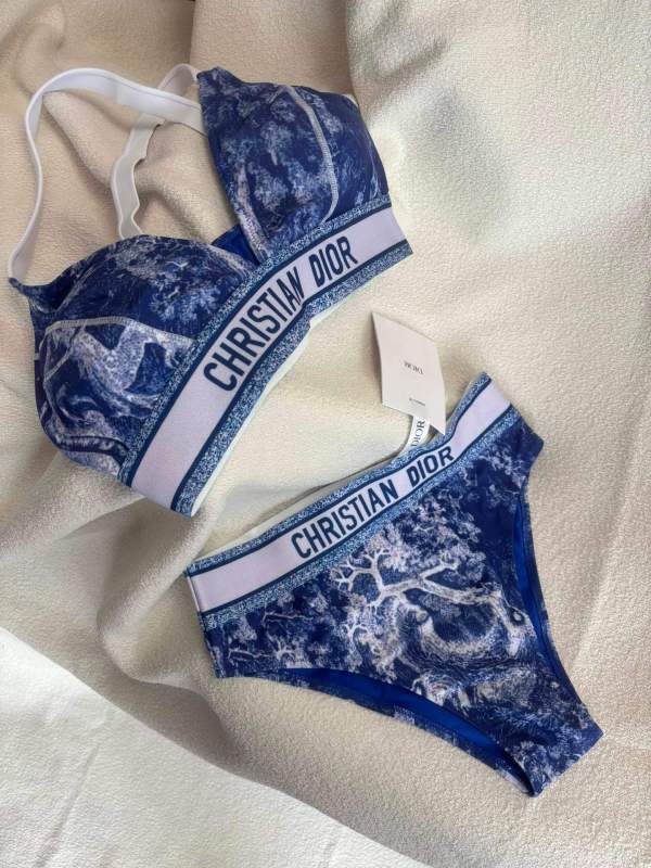 Christian Dior Toile de Jouy Sauvage Bikini Set with Logo Band Triangle Top and High-Waist Bottoms – Blue