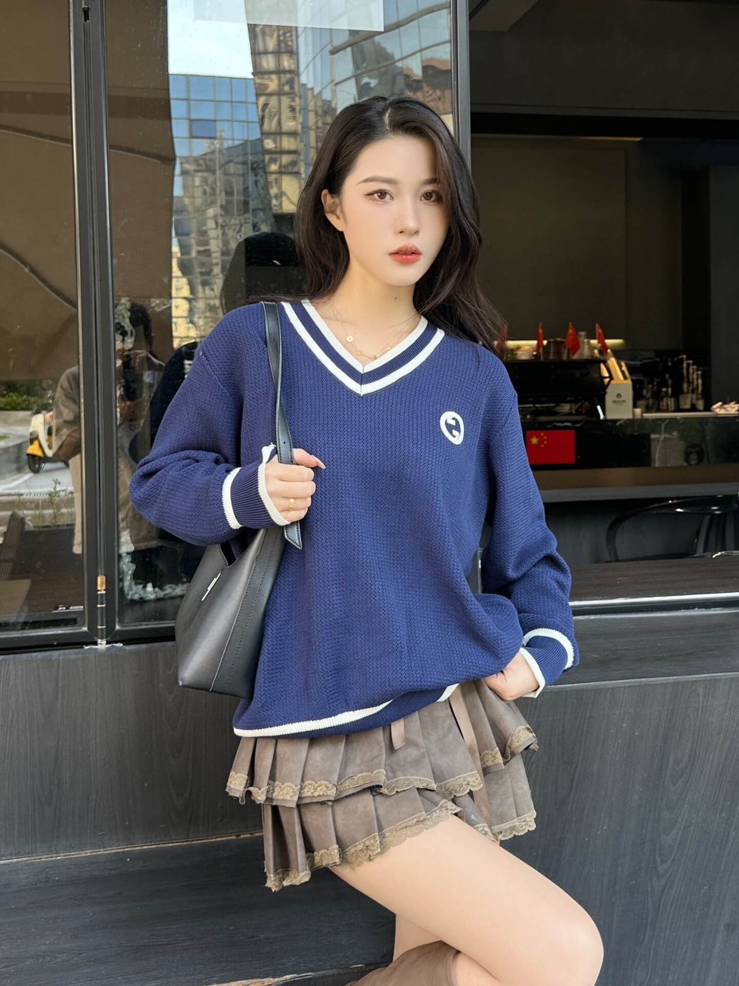 Gucci Double G Embroidered Striped V-Neck Knit Sweater – Navy & White