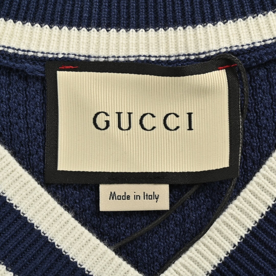 Gucci Double G Embroidered Striped V-Neck Knit Sweater – Navy & White - Image 6