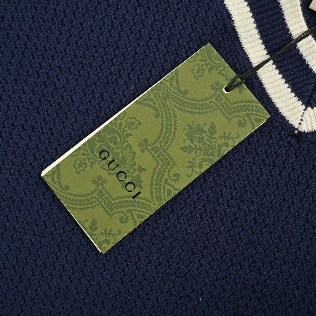 Gucci Double G Embroidered Striped V-Neck Knit Sweater – Navy & White - Image 10