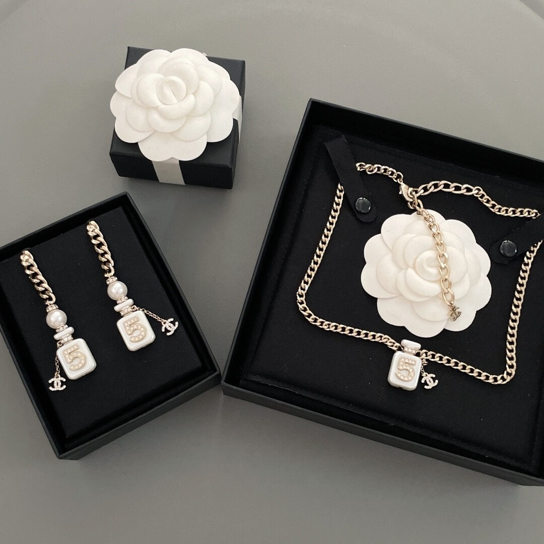 Chanel No. 5 Bottle Drop Earrings in Gold with Pearl & Crystal Accents