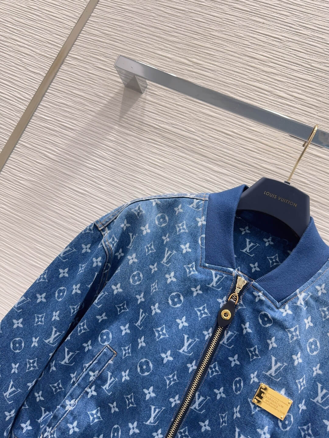 Louis Vuitton Monogram Denim Crop Bomber Jacket in Blue. - Image 4