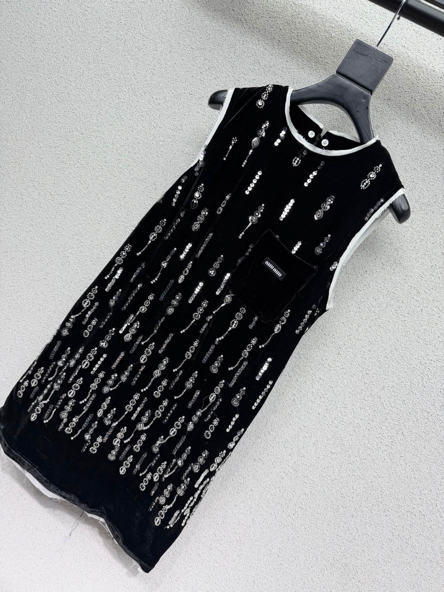 Miu Miu Sequin-Embellished Velvet Mini Dress with Poplin Collar and Logo Pocket – Black - Image 5