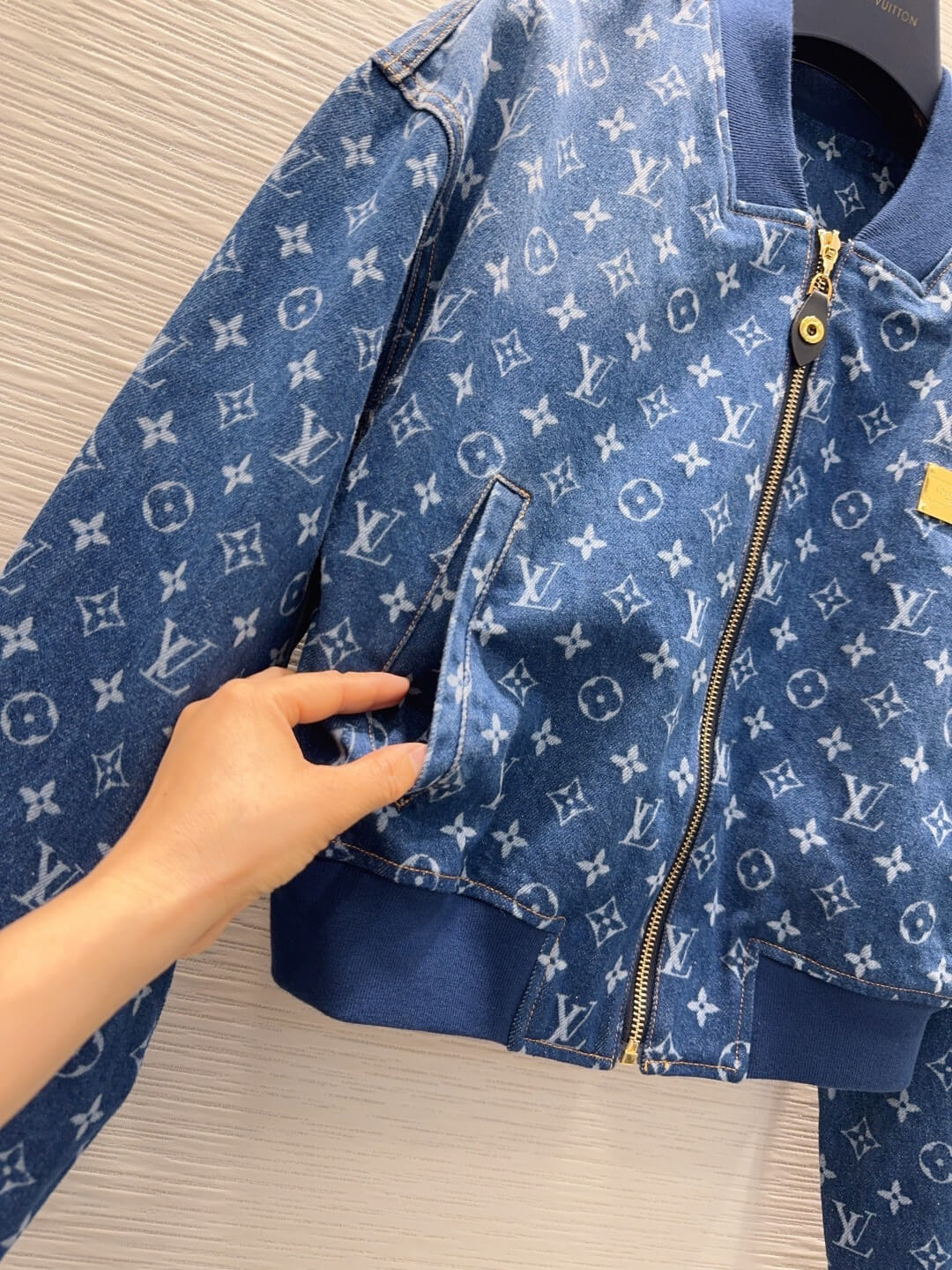 Louis Vuitton Monogram Denim Crop Bomber Jacket in Blue. - Image 6