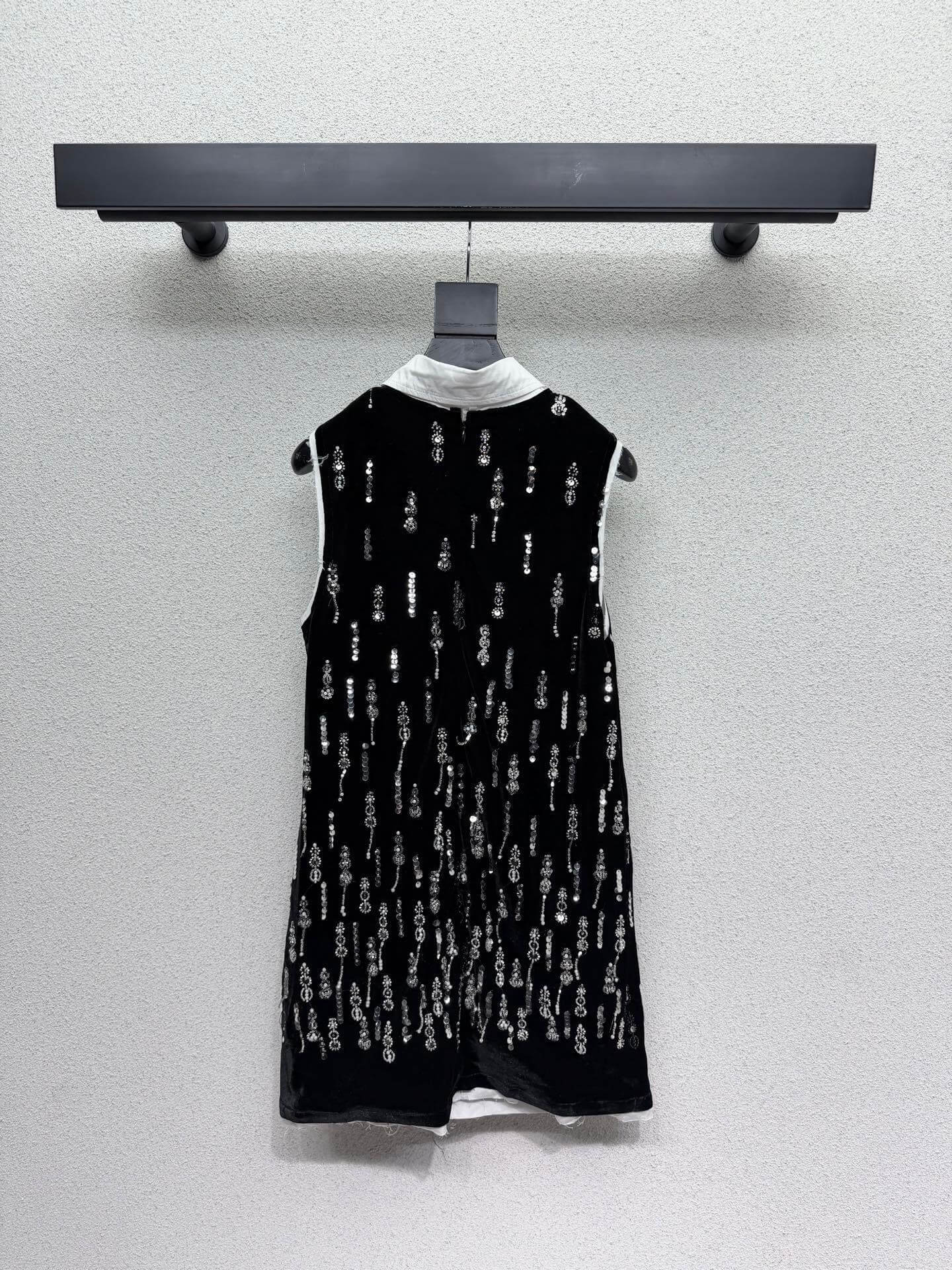 Miu Miu Sequin-Embellished Velvet Mini Dress with Poplin Collar and Logo Pocket – Black - Image 8