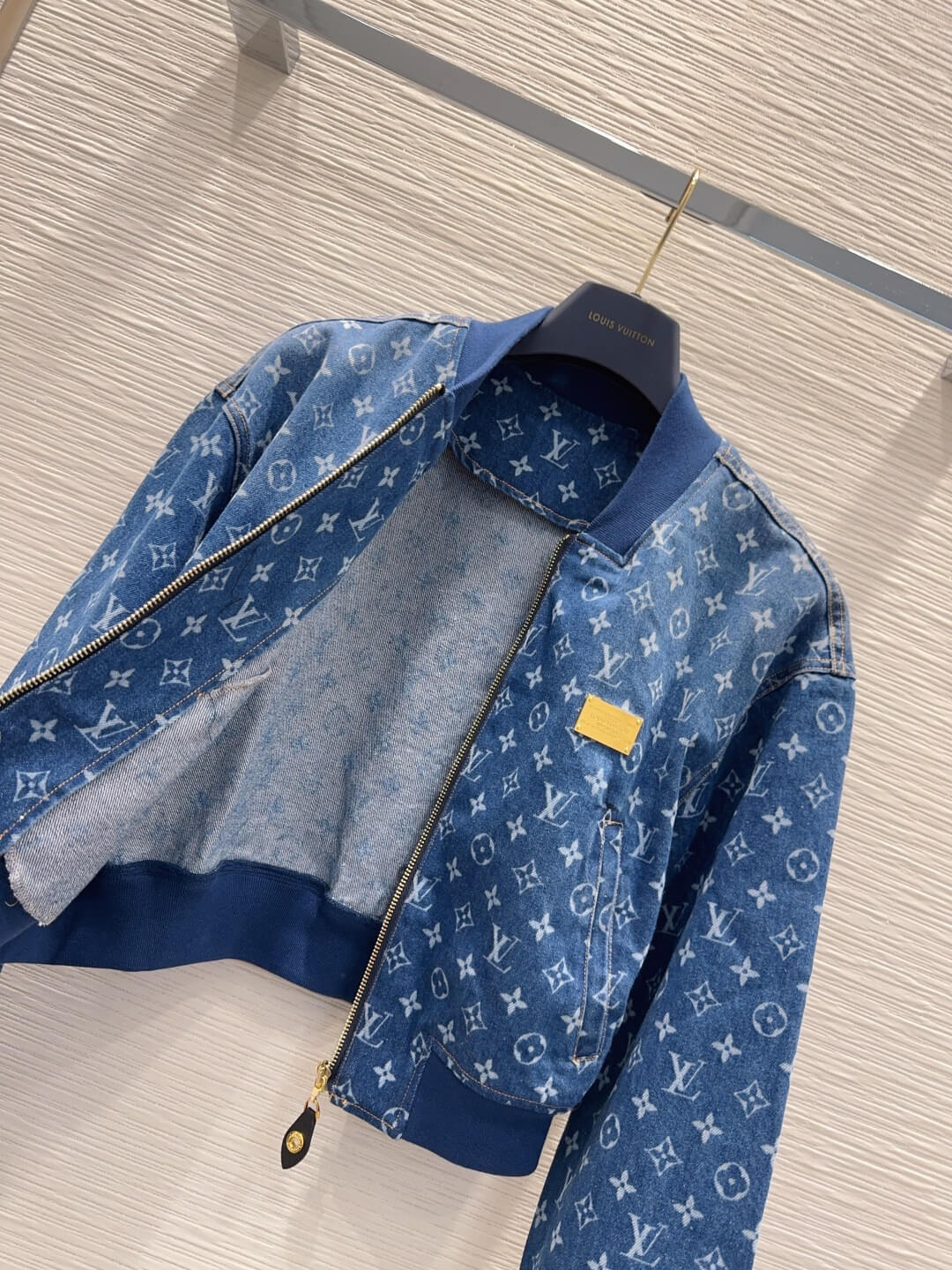 Louis Vuitton Monogram Denim Crop Bomber Jacket in Blue. - Image 8