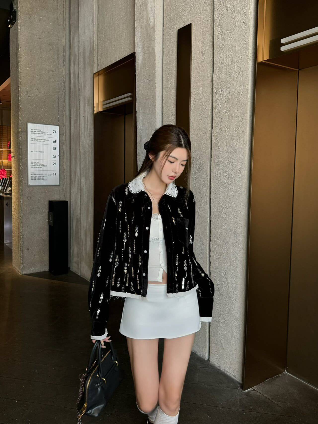 Miu Miu Sequin-Embellished Velvet Mini Dress with Poplin Collar and Logo Pocket – Black - Image 10