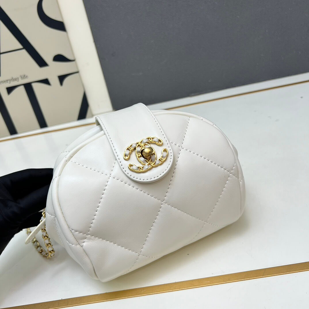 Chanel White Quilted Lambskin Mini Bowling Bag with Decorative Gold-Tone CC Turn-Lock and Chain Strap - Image 4