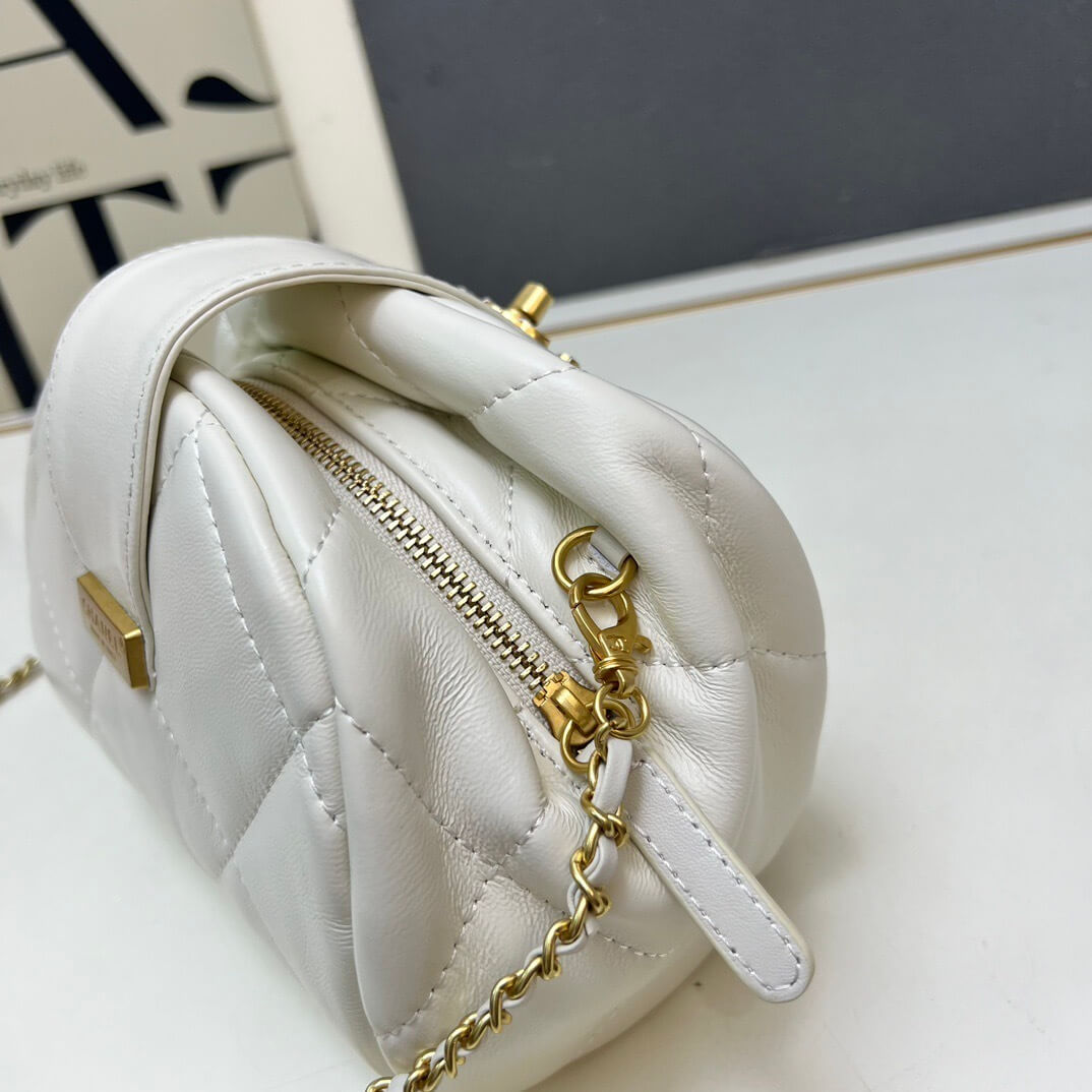 Chanel White Quilted Lambskin Mini Bowling Bag with Decorative Gold-Tone CC Turn-Lock and Chain Strap - Image 5