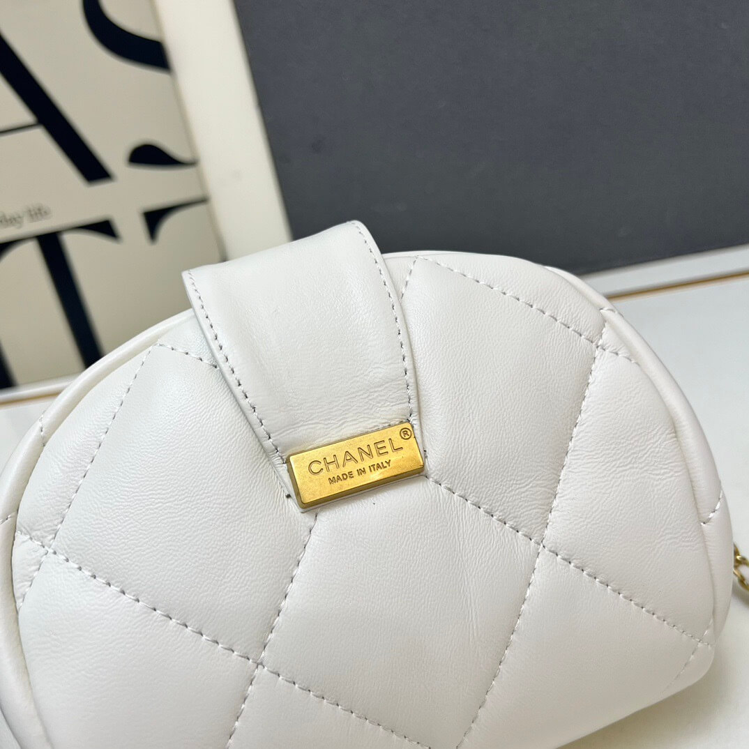 Chanel White Quilted Lambskin Mini Bowling Bag with Decorative Gold-Tone CC Turn-Lock and Chain Strap - Image 7