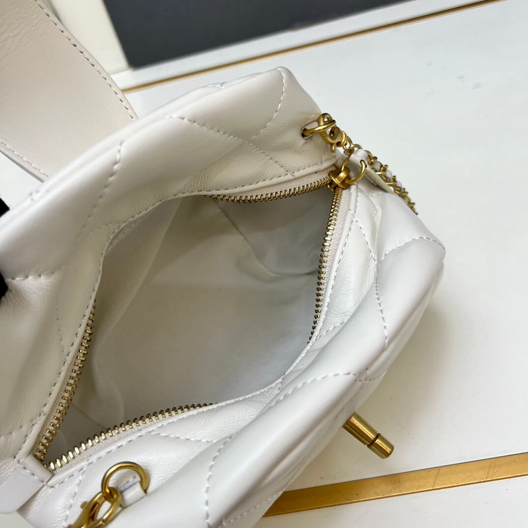 Chanel White Quilted Lambskin Mini Bowling Bag with Decorative Gold-Tone CC Turn-Lock and Chain Strap - Image 8