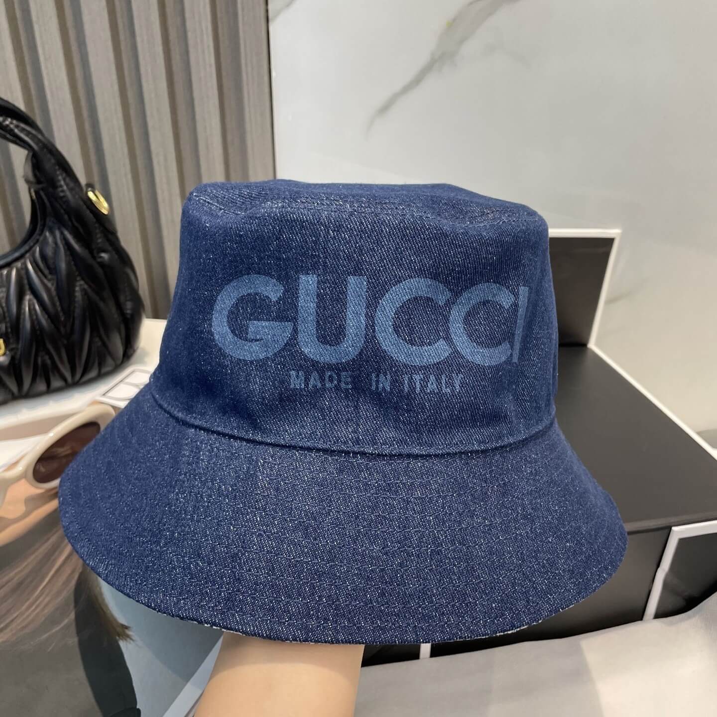 Gucci Reversible GG Denim Bucket Hat – Dark Blue & Monogram - Image 3