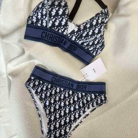 Christian Dior Oblique Bikini Set with Signature Logo Band Triangle Top and High-Waist Bottoms – Navy & White