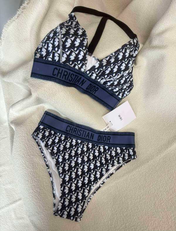Christian Dior Oblique Bikini Set with Signature Logo Band Triangle Top and High-Waist Bottoms – Navy & White