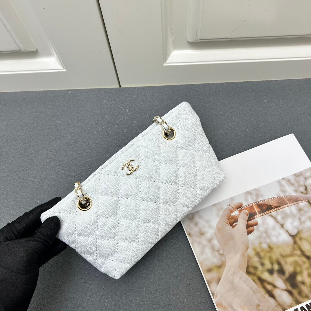 Chanel White Caviar Quilted Mini Shopping Tote Bag with Gold-Tone Hardware. - Image 4