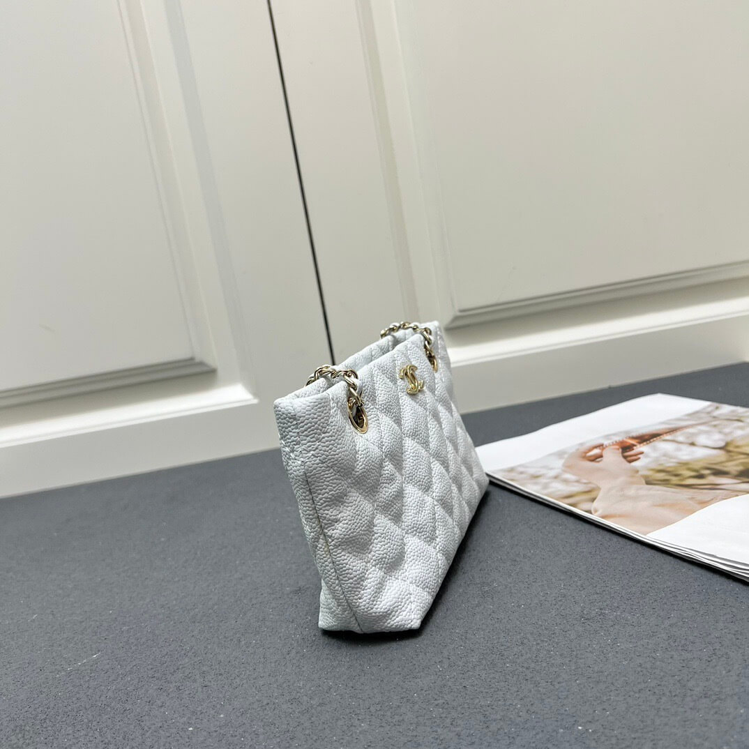 Chanel White Caviar Quilted Mini Shopping Tote Bag with Gold-Tone Hardware. - Image 6