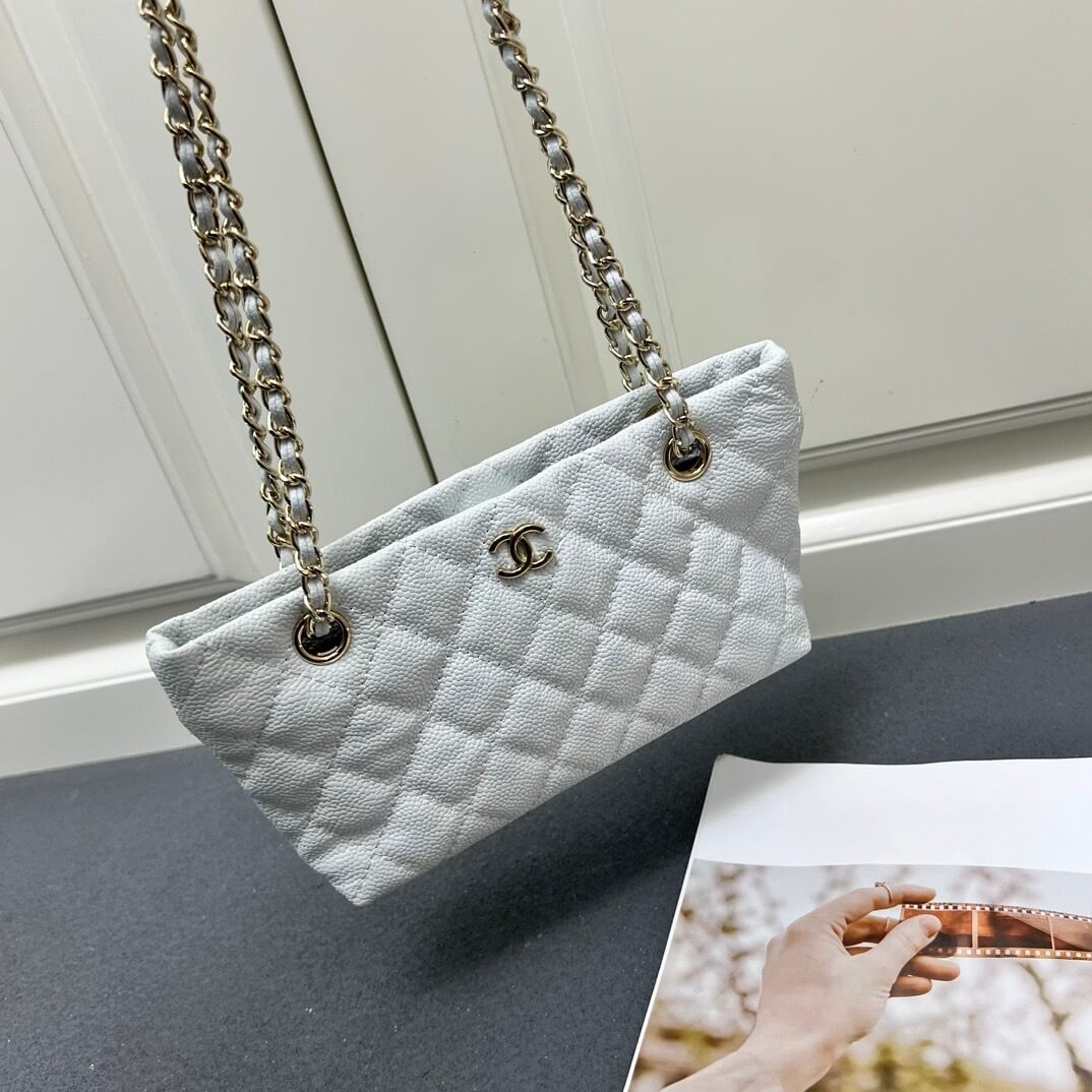 Chanel White Caviar Quilted Mini Shopping Tote Bag with Gold-Tone Hardware. - Image 7